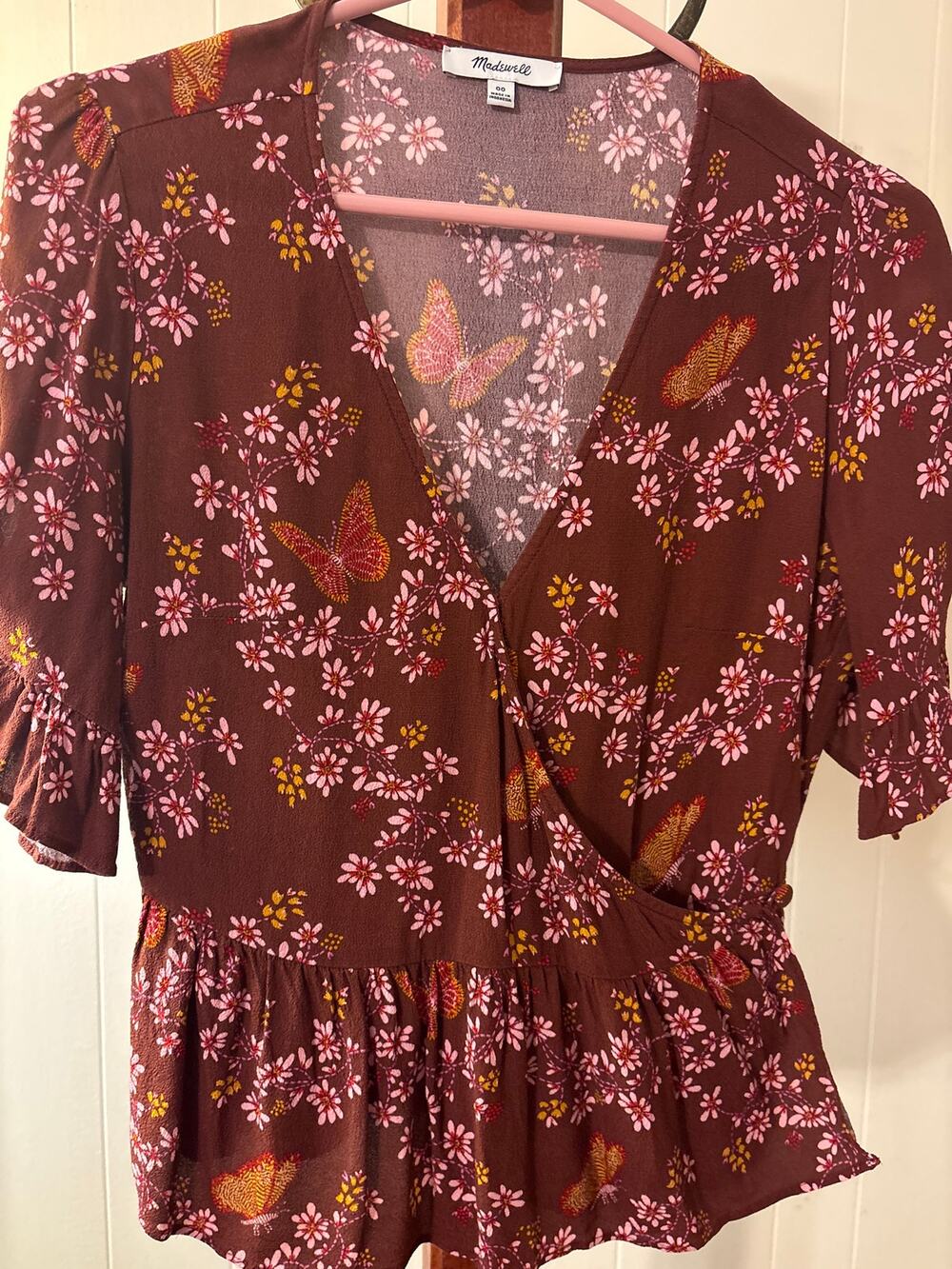 Madewell Snap Front Blouse w/Butterflies and Flowers Sz 00